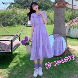 Dress Short Puff Sleeve Dress Women Peter Pan Collar Calflength Elegant Solid Pleated Korean Sweet Girls Female Stylish Purple Chic