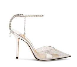 2024 Women Luxury Designer sandal high heels Ivory saeda satin patent leather pointed-toe open toe Crystal Chain Stiletto Heel Wedding Lady Gladiator Sandalias
