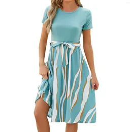 Casual Dresses Women'S Fashion Round Neck Splicing Printed Short Sleeve Hem Loose Vestidos Para Mujer Elegantes Y Bonitos Ropa De