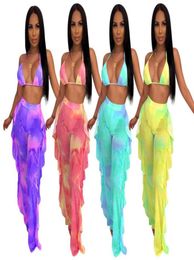 Women Tie Dye swimwear Two Piece Outfits PINK Galaxy Print Mesh Bikini Set Though Halter Bra Top Ruffles Splicing Pants Suit9261143