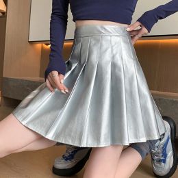 skirt Summer Women Korean High Waisted Vintage Mini Short Skirt Ladies Slim Solid Casual Pu Leather ALine Pleated Skirt Female