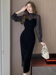 Dress New Black Long Evening Dress Ladies Women Elegant See Through Long Sleeve Wrap Midi Party Prom Robe Mujer Vestido Street Clothes