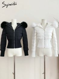 Coats Syiwidii Fur Collar 90 Duck Down Jacket Women 2023 Fall Winter Zipper Down Slim Coats with A Hood Casual Solid Chic Puff Jacket