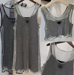 Casual Dresses Designer Sleeveless Womens Hollowed Black Satin Sling Rhinestone Shiny Hollow Vest 2pcs Set Denim Bra Tops Size S-L4366
