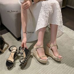 Rivet Rome High Heels Buckle Strap Metal Rattan Weave Platform Wedges Shoes for Women Beach Cane Sandals Open Toe