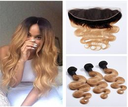 1B 27 Honey Blonde Ombre Brazilian Virgin Body Wave Human Hair Weave Bundles With Dark Roots Light Brown Ombre 13x4 Lace Frontal 1649722