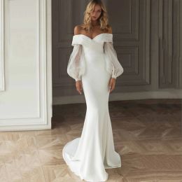 Dress Elegant Sexy White Wedding Party Maxi Dress Off Shoulder Puff Sleeve Satin Fishtail Dress Wedding Bride Balls Gown Floor Dress