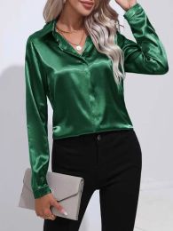 Shirt 2023 Spring Summer Satin Shirt Women V Neck Long Sleeve Office Shirt Blouses Ladies Black White Silk Loose Shirts For Women