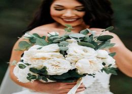 Ivory Rose Eucalyptus Artifical Bridal Bouquet Bridesmaid Flower Silk flowers Wedding Accessory Party Decoration De Mariage Dropsh7736525