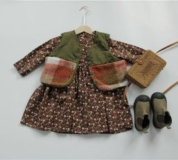 FM Korean Great Quality INS Fashions Kids Little Girls Dresses Floral Cotton Front Buttons Elastic Children12233722201138