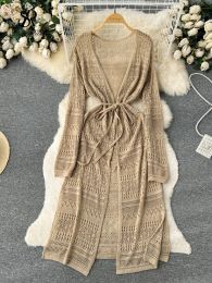 Cardigans SINGREINY Bohemian Casual Summer Cardigan Dress Women Long Sleeve Hollow Out Thin Fashion Vacation Midi Long Knitted Dresses