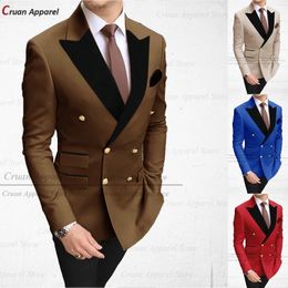 Fashion Brown Men Suits 2 Piece Slim Fit Groomsmen Groom Wedding Tuxedo Double Breasted Black Velvet Lapel Blazer with Pants Set 240221