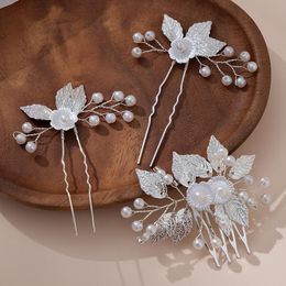 3 Pack Pearl Bridal Wedding Hair Styling Pins Vintage Leaves Style Bride Head Piece U Shape Rhinestone Flower Hair Accessories