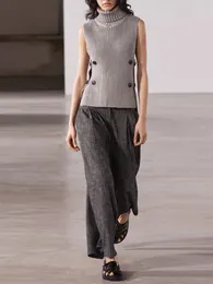 Women's Vests 2024 Fashion Turtleneck Sleeveless Lace-up Knit Cropped Tank Top Female Vintage Streetwear Grey Sweater Vest