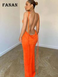 Dress Beach Maxi Dress Summer Women Sexy See Through Club Party Dresses 2022 Halter Tassel Backless Long Outfit Orange Vacation Dress