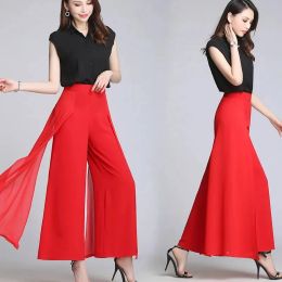 Capris Women Chiffon Wide Leg Pants Spring Summer Thin Culottes High Waist Loose Allmatch Solid Lady Trousers Elegant Fashion Palazzo