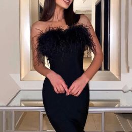 Dress Women's Sexy Feather Bodycon Dress Fashion Strapless Backless Black White Midi Dresses Ladies Evening Party Club Prom Dress