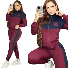 Panelled Two Piece Pants Tracksuit Women Casual Zip Jacket and Trouser Sets Outfits Free Ship