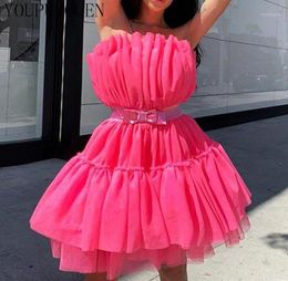 Sweet Tulle Mini Party Dress Summer Sexy Tube Short Backless Bow Tutu Night Club Mesh Dresses Women Cute Strapless Clubwear 202015600804