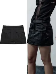 Skirts Women Black Mini Skirt 2024 Fashion Female Middle Waist Double Pockets Design Dress Solid Zipper Straight Short