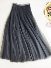 skirt Ball Gown 2023 New Summer Elastic Waist Long Slim Mesh Skirt High Waist Solid Pleated tutu Skirts for Women Saias Faldas
