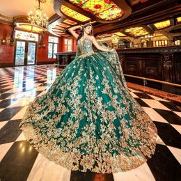 Mexican Green Quinceanera Dresses Ball Gown Gold Beaded Lace Appliques Sweet 16 Dress Princess Lace Up Vestido De 15 Anos