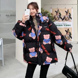 Parkas Short Print Winter Jacket Womens Clothing 2023 New Down Cotton Coat Female Hooded Thick Padded Coat Japanese Style Outerwear