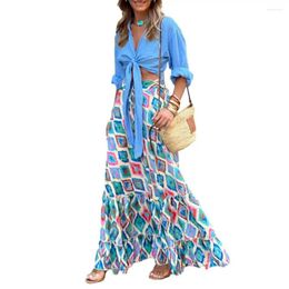 Skirts Women Skirt Print High Waist Bohemian A-line Big Hem Patchwork Ruffle Drawstring