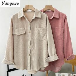 Shirt Women Blouses Corduroy Solid Casual Shirts Pockets Long Sleeve Turndown Collar Korean Style Vintage Simple Autumn Button Up Ins