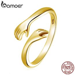 925 Sterling Silver Embrace Ring Hug Warmth and Love Women 18 K Metal Texture Gold Adjustable Ring 240227