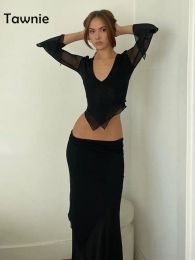 Suits Tawnie Y2K Mesh Skirt 2 Pieces Sets Women 2023 Summer Casual V Neck Long Sleeve Crop Top Bodycon Maxi Skirt Matching Sets Outfit