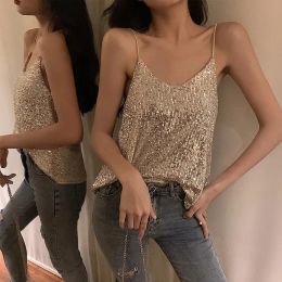 Camis Sequins Camisole Glitter Shiny Tank Top Chic Elegant Sleeveless Vests Vintage Loose Summer Clothes for Women Free Shipping