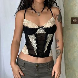 Camis japanese 2000s style y2k white lace corset crop top vest coquett clothes sexy tank tube top black and white camisas