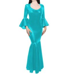 Dress Vintage Elegant Wet Look Shiny Metallic Mermaid Party Dinner Maxi Dresses Flare Sleeve Retro Square Collar Slim Bodycon Vestidos