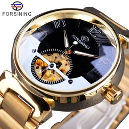 Forsining 2017 Mysterious Creative Design Golden Stainless Steel Mens Watch Top Brand Luxury Automatic Skeleton Wristwatch Clock297r