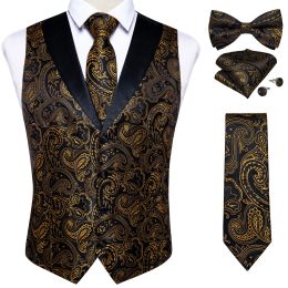 Vests Brand Suit Vest Set For Men Luxury Silk Black Gold Paisley Dress Vest Tie Cufflinks Handkerchief Set Male Sleeveless Waistcoat