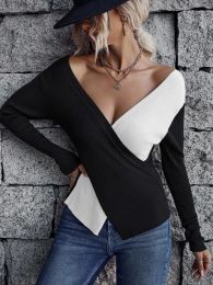 Pullovers New Autumn Winter Women V Neck Fashion Long Sleeve TwoColor Cross Asymmetric Pull Sweater Femme Knit Pullovers Sexy Jersey Top