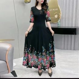 Dress Big Swing Dress Women's 2023 Summer New VNeck Net Gauze Long Evening Dresses Female Fashion Slim Print Bohemian Dress 4XL