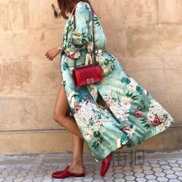 Dress Turquoise floral print batwing sleeve long wrap summer dress bohemia kimono beach dresses hippie chic rayon boho dress casual