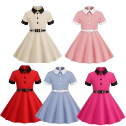 Dress Kids Girls Vintage Dress Solid Dress With Belt Daily Birthday Party 1950s Swing Dress Summer Short Sleeves Dress