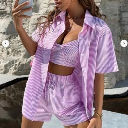 Sets Summer Casual Activewear Women's Shorts Set Striped Street Short Sleeve Shirt Tops Loose Drawstring Mini Shorts TwoPiece Set