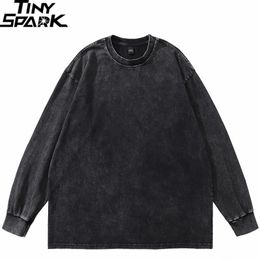 Hip Hop Streetwear Washed Black Plain T Shirt Vintage Harajuku T-Shirt Autumn Men Cotton Long Sleeve Tshirt Solid Color 240220