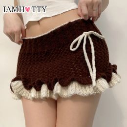 Skirt IAMHOTTY Sweet Contrast Colour Bow Supershort Skirt Brown Low Waisted Bodycon Ruffle Knit Skirts Vintage Cute Bottoms Y2K Outfit