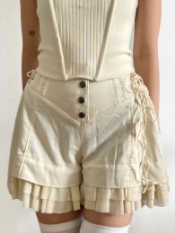 Shorts Kalevest Aesthetic Solid High Waist Loose Shorts 2023 Summer Women Ruffles Stitching Design Sense Tie Sweet Girl Street Clothes