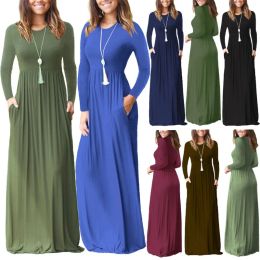 Dress Autumn Winter Oveisized Maxi Long Dress Women Long Sleeve Boho Pocket Dress Casual Solid Christmas Vestido Femininos XXXL