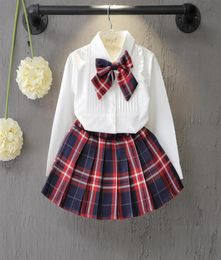 Retail kids designer tracksuits girls bow shirt plaid skirts 2 piece outfits Korean fashion long sleeve suits set children clothin2045812