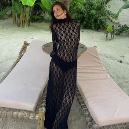 Dress Gtpdpllt See Through Flower Lace Mesh Sexy Black Dresses For Women Long Sleeve Maxi Dress Fall 2023 Fashion Y2K Clothes