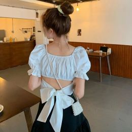 Blouse Summer New Back Cropped Tops Women French Square Neck Bow Bandage Shirts Female Fashion Blue Puff Sleeve Blouse