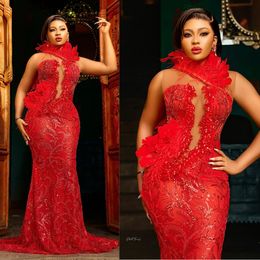 African Nigeria Plus Size Aso Ebi Prom Dresses Evening Dresses One Shoulder Feathered Illusion Mermaid Formal Dress Beaded Lace Birthday Gown for Black Women NL593