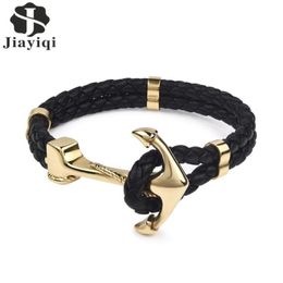 Charm Bracelets Jiayiqi Punk Engraved Dragon Silver Gold Anchor Clasp Black Braid Genuine Leather Bracelet Men Jewelry Stainless S192F